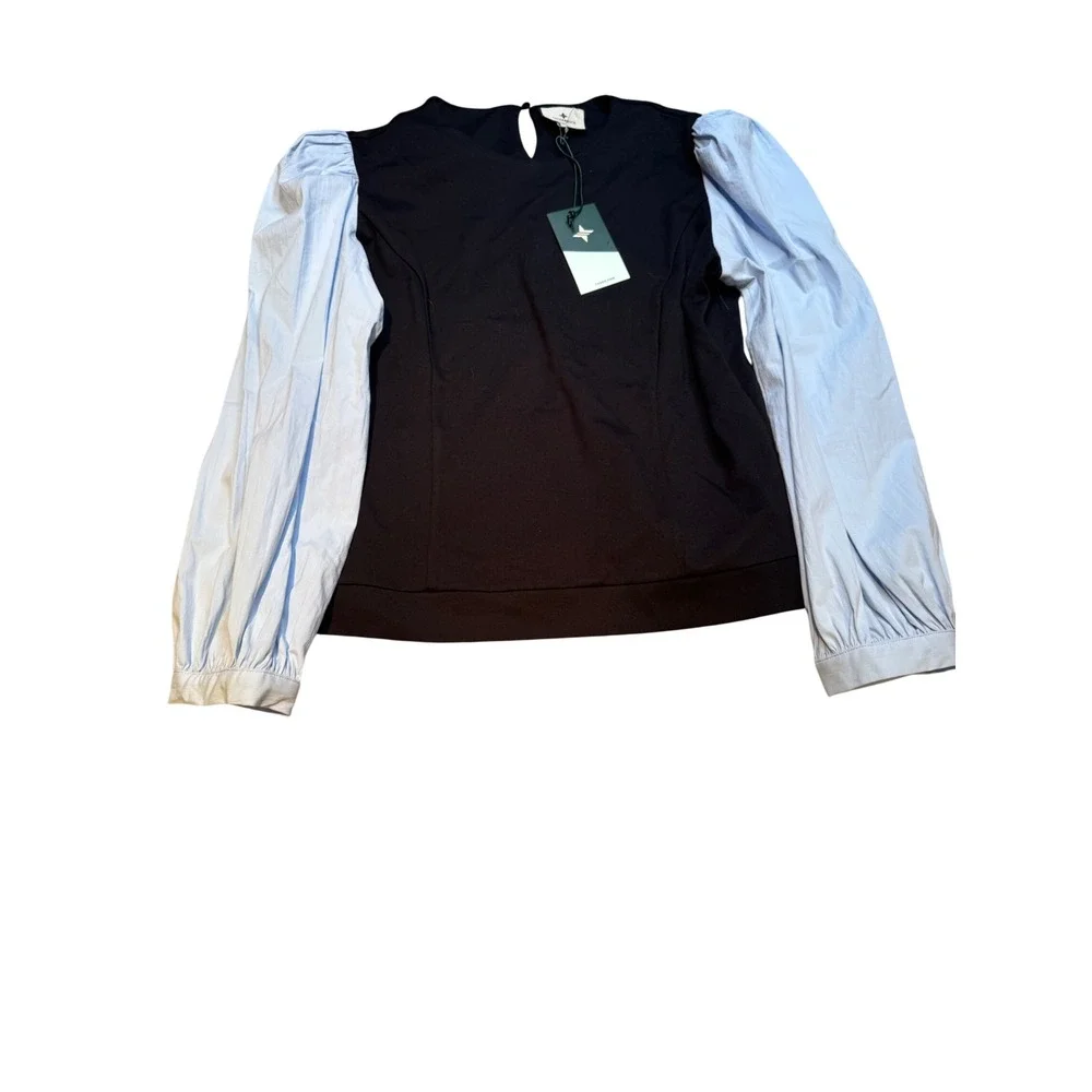 Tuckernuck‎ Mixed Media Puff Sleeve Top Black Blue XL Y24155T